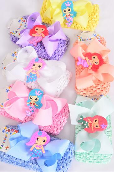 Ballerina Headband Mermaid Charm Grosgrain Bow-tie Pastel / 12 pcs = Dozen Stretch , Ballerina - 2.75" Wide , Bow-5" x 5" , 2 White , 2 Pink, 2 Blue, 2 Purple, 2 Yellow, 1 Peach, 1 Mint Green Mix ,Hang Tag & OPP Bag UPC Code