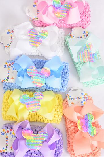 Ballerina Headband Mouse Ear Charm Grosgrain Bow-tie Pastel / 12 pcs = Dozen Stretch , Ballerina - 2.75" Wide , Bow - 5" x 4" , 2 White , 2 Pink , 2 Blue , 2 Purple , 2 Yellow , 1 Peach , 1 Mint Mix .