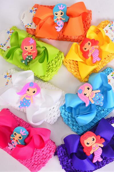 Ballerina Headband Mermaid Charm Grosgrain Bow-tie Citrus / 12 pcs Bow = Dozen Citrus , Stretch , Ballerina - 2.75" Bow - 5"x 4" , 2 White , 2 Fuchsia , 2 Purple , 2 Yellow , 2 Blue , 1 Lime , 1 Orange Color Asst .