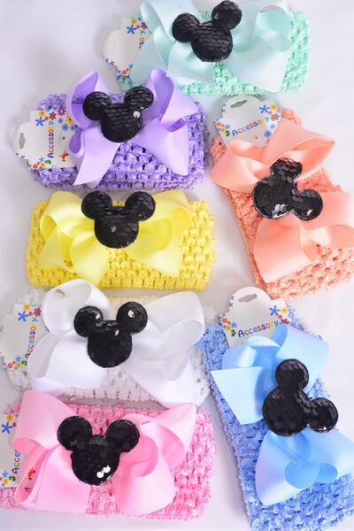 Ballerina Headband Mouse Ear Charm Grosgrain Bow-tie Pastel / 12 pcs = Dozen  Stretch , Ballerina - 2.75" Wide , Bow - 5" x 4" , 2 Wh , 2 Pink , 2 Blue , 2 Purple , 2 Yellow , 1 Peach , 1 Mint Mix , Hang Tag & OPP Bag UPC Code