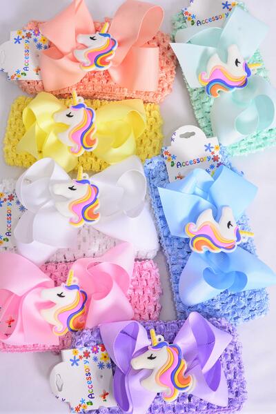 Ballerina Headband Unicorn Charm Grosgrain Bow-tie Pastel / 12 pcs Bow = Dozen Stretch , Ballerina - 2.75"  , Bow - 5" x 5" , 2 White , 2 Pink , 2 Blue , 2 Purple , 2 Yellow , 1 Peach , 1 Mint Mix , Hang Tag OPP Bag UPC Code