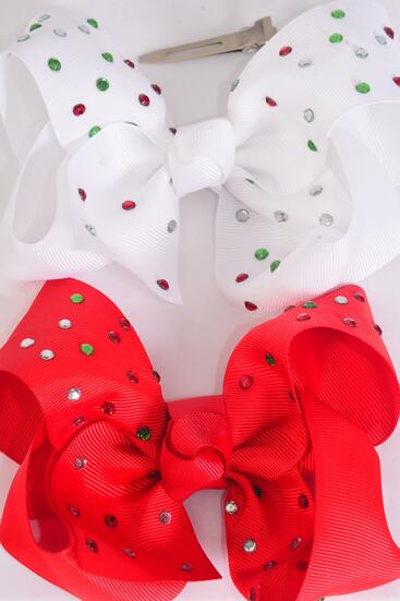 Hair Bow Jumbo Iridescent Rhinestone Studded Grosgrain Bow-tie Red White Mix / 12 pcs Bow = Dozen Christmas , Alligator Clip , Size - 6" x 5" Wide , 6 Red , 6 White Color Asst , Clip Strip & UPC Code