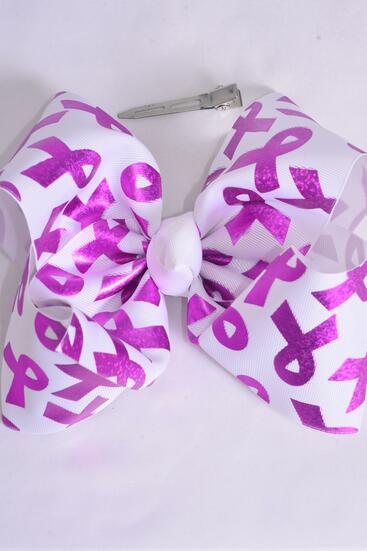 Hair Bow Extra Jumbo Cheer Type Bow Pink Ribbon Holographic Grosgrain Bow-tie / 12 pcs Bow = Dozen Alligator Clip , Sze - 8" x 7" Wide , Clip Strip & UPC Code