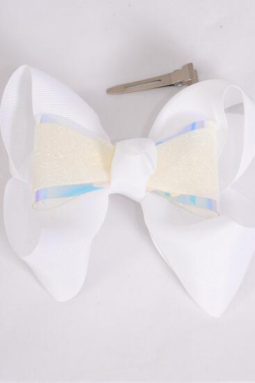 Hair Bow Jumbo Double Layered Metallic Bow Grosgrain Bow-tie White / 12 pcs Bow = Dozen White , Alligator Clip , Size - 6" x 5" Wide , Clip Strip & UPC Code