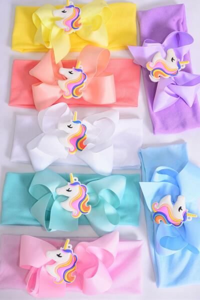 Headband Cotton Stretch Unicorn Grosgrain Bow-tie Pastel / 12 pcs Bow = Dozen Stretch , Width - 2.5" Wide , Bow - 5" x 5" Wide , 2 White , 2 Pink , 2 Blue , 2 Purple , 2 Yellow , 1 Peach , 1 Mint Green  Color Mix 