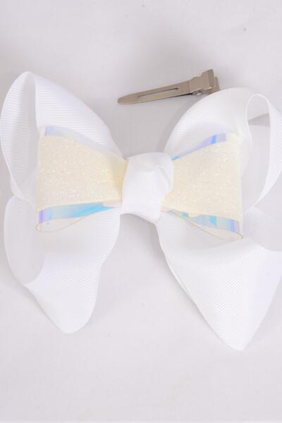 Hair Bow Jumbo Double Layered Metallic Bow Grosgrain Bow-tie White / 12 pcs Bow = Dozen White , Alligator Clip , Size - 6" x 5" Wide , Clip Strip & UPC Code