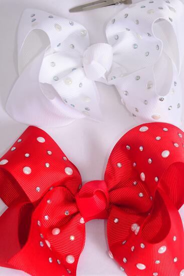 Hair Bow Jumbo Iridescent Pearl Studded Grosgrain Bow-tie Red White Color Mix / 12 pcs Bow = Dozen Alligator Clip ,  Size - 6" x 5" Wide , 6 White , 6 Red Color Asst , Clip Strip & UPC Code