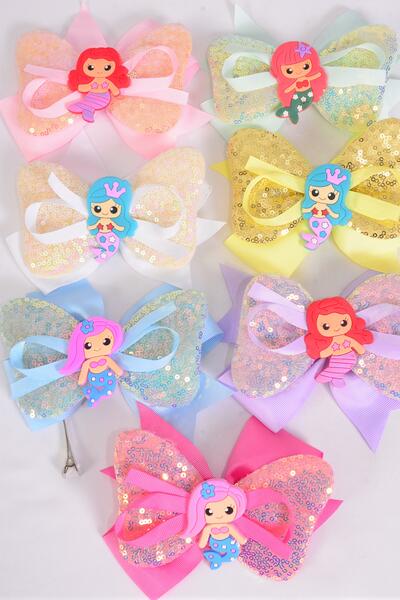 Hair Bow Jumbo Double Layered Flip Sequin Mermaid Charm Pastel Grosgrain Bow-tie / 12 pcs Bow = Dozen Alligator Clip , Size - 6" x 5", 2 White , 2 Baby Pink , 2 Lavender , 2 Hot Pink , 2 Mint Green ,1 Blue ,1 Yellow Color Asst , Clip Strip & UPC Code