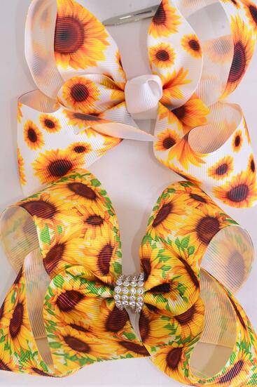 Hair Bow Jumbo Sunflowers Grosgrain Bow-tie / 12 pcs Bow = Dozen  Sunflower , Alligator Clip , Size - 6" x 5" Wide , 6 Of Each Pattern Asst , Clip Strip & UPC Code