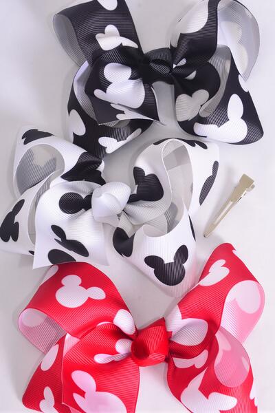 Hair Bow Jumbo Mouse Ear Red White Black Mix Grosgrain Bow-tie / 12 pcs Bow = Dozen  Alligator Clip , Size - 6" x 5" Wide , 4 Red , 4 White , 4 Black Color Mix , Clip Strip & UPC Code