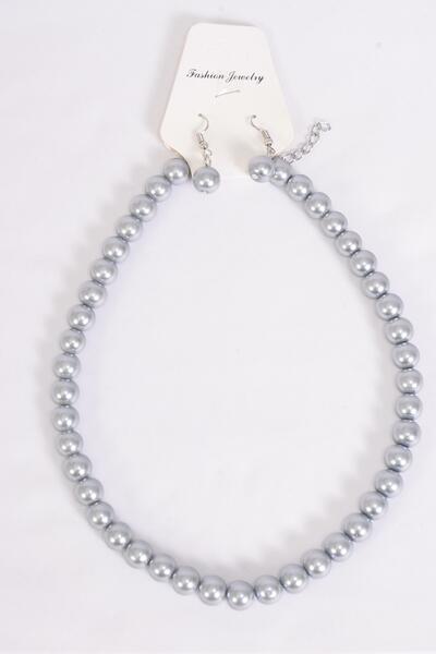 Necklace Sets 10 mm Glass Pearls Gray / 12 pcs = Dozen Gray , Size - 18" ,  Hang Tag & Opp Bag & UPC Code