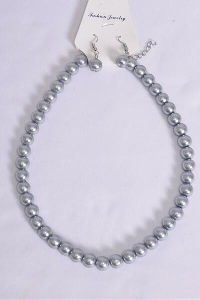 Necklace Sets 10 mm Glass Pearls Gray / 12 pcs = Dozen Gray , Size - 18" ,  Hang Tag & Opp Bag & UPC Code