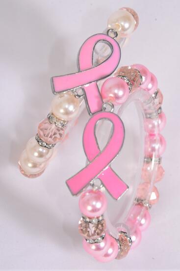 Bracelet Glass Pearl 10 mm Pink Ribbon Rhineston Bezel / 12 pcs = Dozen match 03101 Breast Cancer Awareness , Stretch , 6 baby Pink , 6 Hot Pink Color Asst , Hang Tag & OPP bag & UPC Code