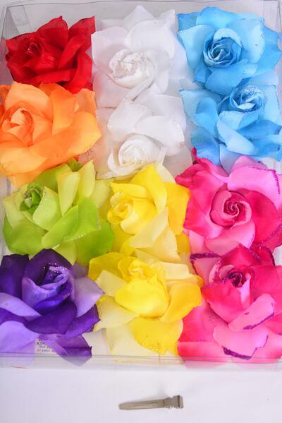 Flower Silk Flower 2 tone Rose Glitter Trim Multi / 12 pcs Flower = Dozen  Multi , Size - 4" Wide , Alligator Clip & Brooch , 2 Fuchsia , 2 Blue , 2 Yellow , 2 White , 1 Red , 1 Purple , 1 Orange , 1 Lime Color Asst