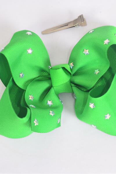 Hair Bow Jumbo Studded Iridescent Stars Grosgrain Bow-tie Green / 12 pcs Bow = Dozen Christmas Green , Alligator Clip , Size - 6" x 5" Wide , Clip Strip & UPC Code