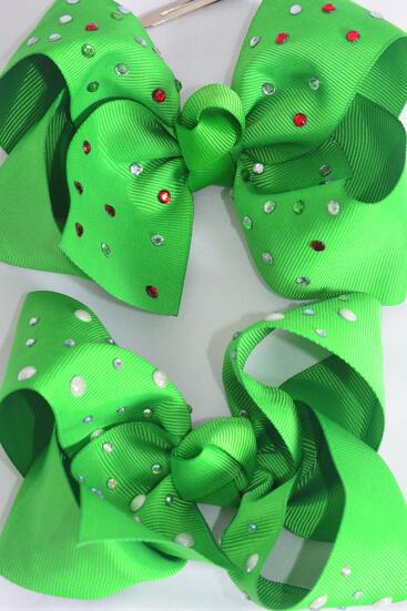 Hair Bow Jumbo Iridescent Rhinestone and Pearl Studded Mix Green Grosgrain Bow-tie  / 12 pcs Bow = Dozen Green, Alligator Clip , Size - 6" x 5" Wide , 6 of each Pattern Asst , Clip Strip & UPC Code