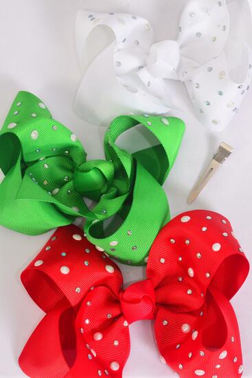 Hair Bow Jumbo XMAS Iridescent Pearl Studded Grosgrain Bow-tie Red White Green Mix / 12 pcs Bow = Dozen Christmas , Alligator Clip , Size - 6" x 5" Wide , 4 of each Pattern Asst , Clip Strip & UPC Code