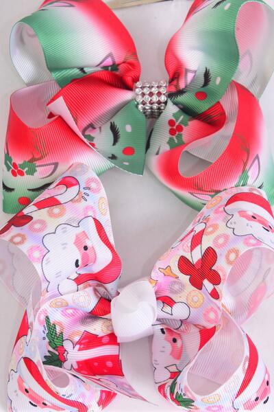 Hair Bow Jumbo Santa Reindeer Mix Grosgrain Bow-tie / 12 pcs Bow = Dozen Christmas , Alligator Clip , Size - 6" x 5" Wide , 6 Of Each Pattern Asst , Clip Strip & UPC Code