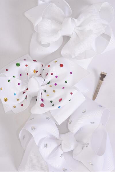 Hair Bow Jumbo XMAS White Christmas Grosgrain Bow-tie / 12 pcs Bow = Dozen White , Bow Size - 6" x 5" , Alligator Clip , 4 of each Pattern Asst , Clip Strip & UPC Code