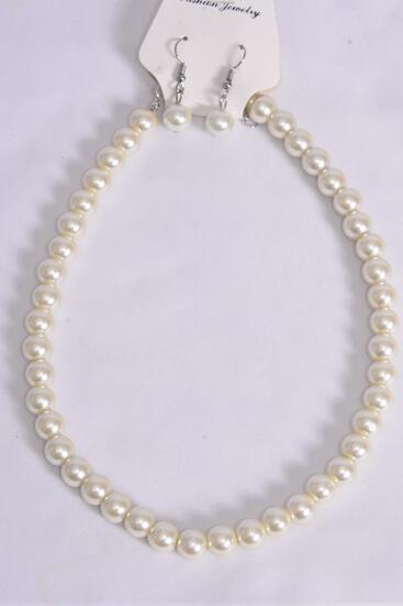 Necklace Sets 10 mm Glass Pearls Crean or Beige / 12 pcs = Dozen Beige , Size - 18" Extension Chain , Hang Tag & OPP Bag & UPC Code