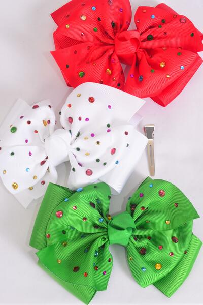 Hair Bow Jumbo Christmas Double Layered Studded Multi Color Stones Grosgrain Bow-tie / 12 pcs Bow = Dozen Christmas , Alligator Clip , Size - 6" x 5" Wide , 4 of each Pattern Asst , Clip Strip & UPC Code