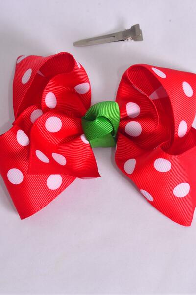 Hair Bow Jumbo Christmas Polka Dots Grosgrain Bow-tie Red / 12 pcs Bow = Dozen  Alligator Clip , Size - 6" x 5" Wide , Clip Strip & UPC Code