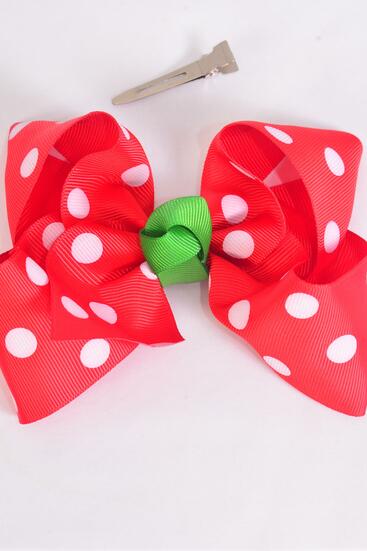 Hair Bow Jumbo Christmas Polka Dots Grosgrain Bow-tie Red / 12 pcs Bow = Dozen  Alligator Clip , Size - 6" x 5" Wide , Clip Strip & UPC Code