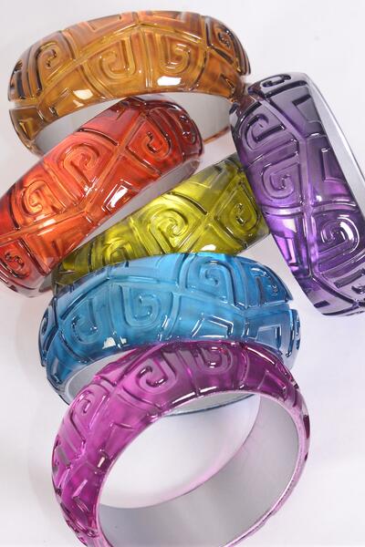 Bracelet Bangle Acrylic Cateye Carved Mirror Look / 12 pcs = Dozen Multi , Size - 2.75" x 1.25 Wide , 2 of each Color Asst , Hang tag & OPP Bag & UPC Code