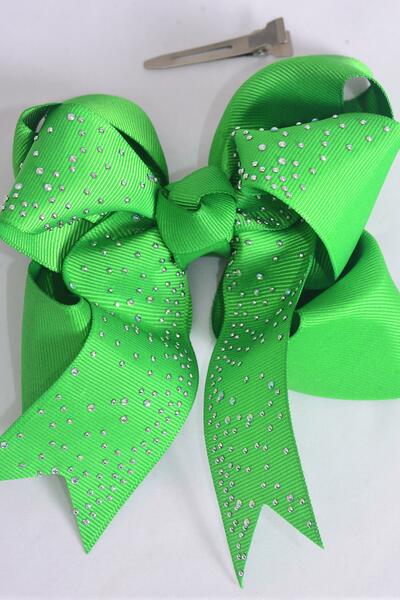 Hair Bow Jumbo Double Layered Studded Iridescent Stones Green Grosgrain Bow-tie / 12 pcs Bow = Dozen Green , Alligator Clip , Size - 6" x 5" Wide , Clip Strip & UPC Code