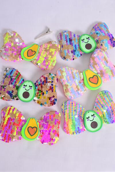 Hair Bow Sequin Center Avocado adorable Charm charm Pastel / 12 pcs Bow = Dozen  Alligator Clip , Size - 6" x 4" Wide , 2 Of each Color Mix , Clip Strip & UPC Code