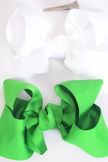 Hair Bow Jumbo Kelly or Irish Green White Mix Grosgrain Bow-tie / 12 pcs Bow = Dozen Kelly Green & White ,  Alligator Clip , Size - 6" x 5" Wide , 6 of each Pattern Asst , Clip Strip & UPC Code