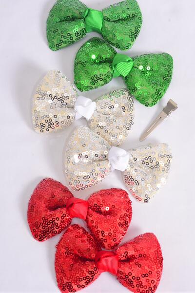 Hair Bow 24 pcs XMAS Sequin Bowtie Grosgrain Bow-tie / 12 pcs Bow = Dozen Christmas , Size - 3.5" x 2.5" , Alligator Clip , 4 of each Color Asst , Clip Strip & UPC Code