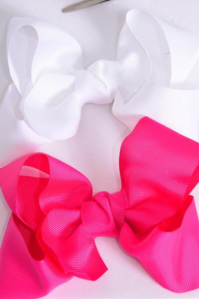 Hair Bow Jumbo Fuchsia White Mix Grosgrain Bow-tie / 12 pcs Bow = Dozen Alligator Clip ,  Size - 6" x 5" Wide , 6 Fuchsia , 6 White Colour Asst , Clip Strip & UPC Code