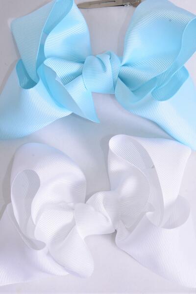 Hair Bow Jumbo Baby Blue White Mix Grosgrain Bow-tie / 12 pcs Bow = Dozen  Alligator Clip , Size - 6" x 5" Wide , 6  Baby Blue , 6 White Color Asst , Clip Strip & UPC Code