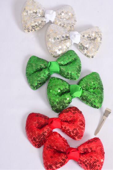 Hair Bow 24 pcs  Christmas Sequin Bowtie Grosgrain Bow-tie / 12 pcs Bow = Dozen Christmas , Size - 3.5" x 2.5" , Alligator Clip , 4 of each Color Asst , Clip Strip & UPC Code