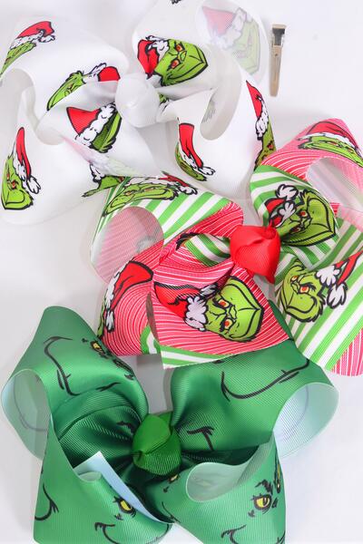 Hair Bow Jumbo Christmas Grinch Mix Grosgrain Bow-tie / 12 pcs Bow = Dozen  Grinch , Alligator Clip , Size - 6" x 5" Wide , 4 of each Pattern Asst , Clip Strip & UPC Code