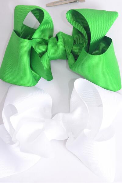 Hair Bow Jumbo Kelly or Irish Green White Mix Grosgrain Bow-tie / 12 pcs Bow = Dozen Alligator Clip , Size - 6" x 5" Wide , 6 Kelly Green , 6 white Color Asst , Clip Strip & UPC Code