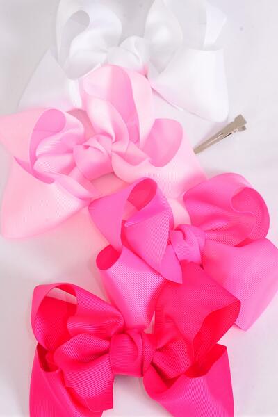 Hair Bow Jumbo Pink Mix Grosgrain Bow-tie / 12 pcs Bow = Dozen  Pink Mix , Alligator Clip , Size - 6" x 5" Wide , 3 White, 3 Baby Pink , 3 Hot Pink , 3 Fuchsia Color Asst , Clip Strip & UPC Code