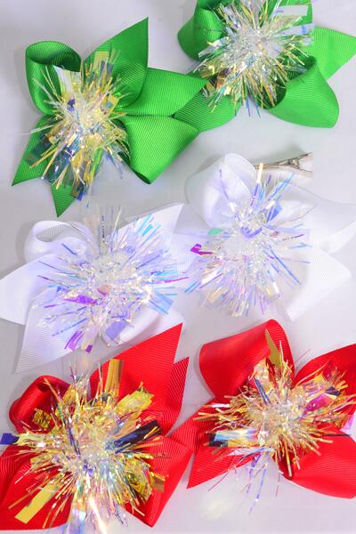 Hair Bow 24 pcs XMAS Center Iridescent Grosgrain Bow-tie / 12 pair Bow = Dozen Christmas , Size - 4" x 3" Wide , 4 Red , 4 White , 4 Green Mix ,Clip Strip & UPC Code , 24 pcs per Clip Strip