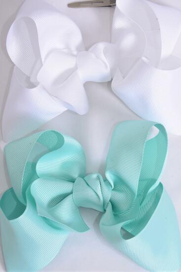 Hair Bow Jumbo Aqua White Color Mix Grosgrain Bow-tie / 12 pcs Bow = Dozen Alligator Clip , Size - 6" x 5" Wide , 6 Aqua , 6 White Color Asst , Clip Strip & UPC Code