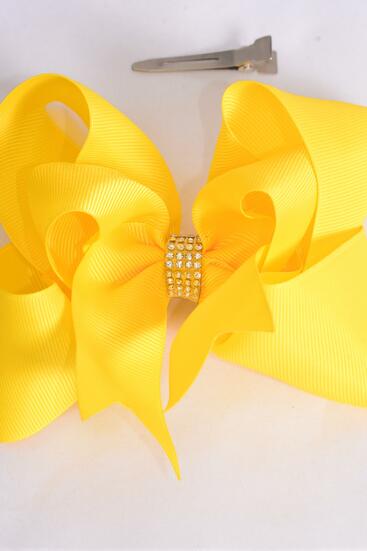 Hair Bow Jumbo Double Layered Yellow Grosgrain Bow-tie / 12 pcs Bow = Dozen Yellow , Alligator Clip , Size - 6" x 5" Wide , Clip Strip & UPC Code