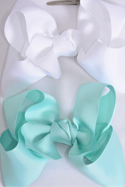 Hair Bow Jumbo Aqua White Color Mix Grosgrain Bow-tie / 12 pcs Bow = Dozen Alligator Clip , Size - 6" x 5" Wide , 6 Aqua , 6 White Color Asst , Clip Strip & UPC Code