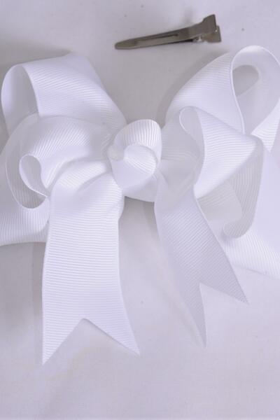 Hair Bow Jumbo Double Layered White Grosgrain Bow-tie / 12 pcs Bow = Dozen White , Alligator Clip , Size - 6" x 5" Wide , Clip Strip & UPC Code