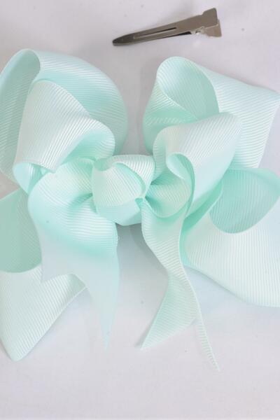 Hair Bow Jumbo Double Layered Mint Green Grosgrain Bow-tie / 12 pcs Bow = Dozen Mint Green , Alligator Clip , Size - 6" x 5" Wide , Clip Strip & UPC Code