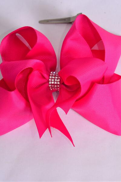 Hair Bow Jumbo Double Layered Fuchsia Grosgrain Bow-tie / 12 pcs Bow = Dozen Fuchsia , Alligator Clip , Size - 6" x 5" Wide , Clip Strip & UPC Code