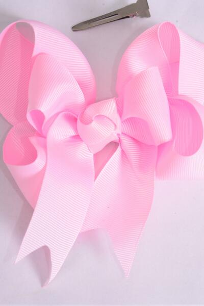 Hair Bow Jumbo Double Layered Baby Pink Grosgrain Bow-tie / 12 pcs Bow = Dozen Baby Pink , Alligator Clip , Size - 6" x 5" Wide , Clip Strip & UPC Code