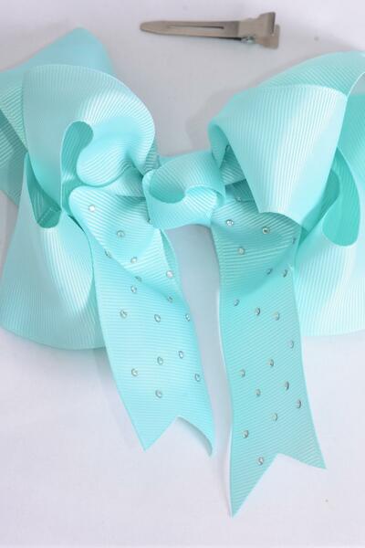 Hair Bow Jumbo Double Layered Mint Green Grosgrain Bow-tie / 12 pcs Bow = Dozen Mint Green , Alligator Clip , Size - 6" x 5" Wide , Clip Strip & UPC Code