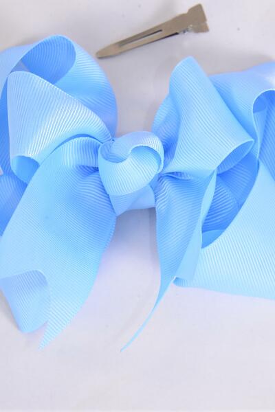 Hair Bow Jumbo Double Layered Baby Blue Grosgrain Bow-tie / 12 pcs Bow = Dozen  Baby Blue , Alligator Clip , Size - 6" x 5" Wide , Clip Strip & UPC Code