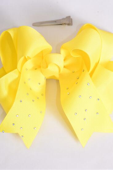 Hair Bow Jumbo Double Layered Baby Yellow Grosgrain Bow-tie / 12 pcs Bow = Dozen Baby Yellow , Alligator Clip , Size - 6" x 5" Wide , Clip Strip & UPC Code