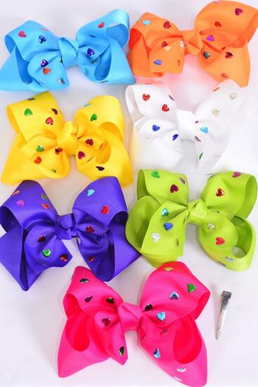 Hair Bow Jumbo Metallic Studded Hearts Grosgrain Bow-tie Citrus / 12 pcs Bow = Dozen Alligator Clip , Size - 6" x 5" Wide , 2 White ,2 Fuchsia ,2 Purple ,2 Yellow ,2 Blue ,1 Lime ,1 Orange Color Asst ,Clip Strip & UPC Code